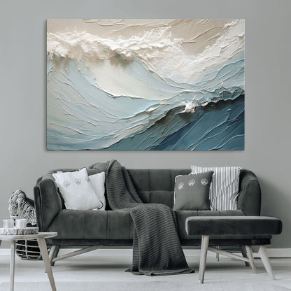 Textured canvas of ocean waves in soft coastal blues and creamy whites, ideal for modern or minimalist coastal-style interiors.