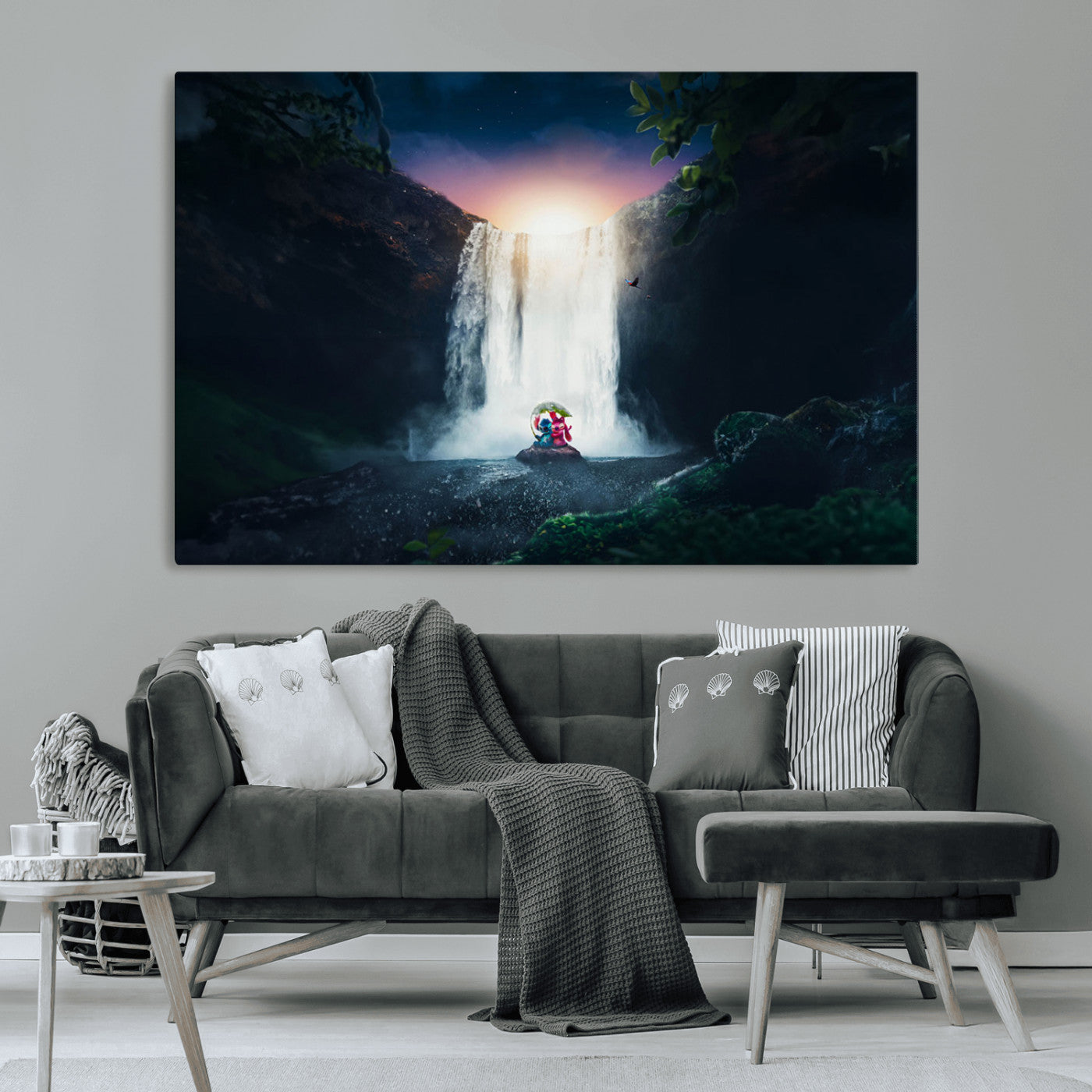 Romantic scene of Stitch and Angel sitting under a leaf in front of a glowing waterfall, ideal for tropical or fantasy-themed decor.