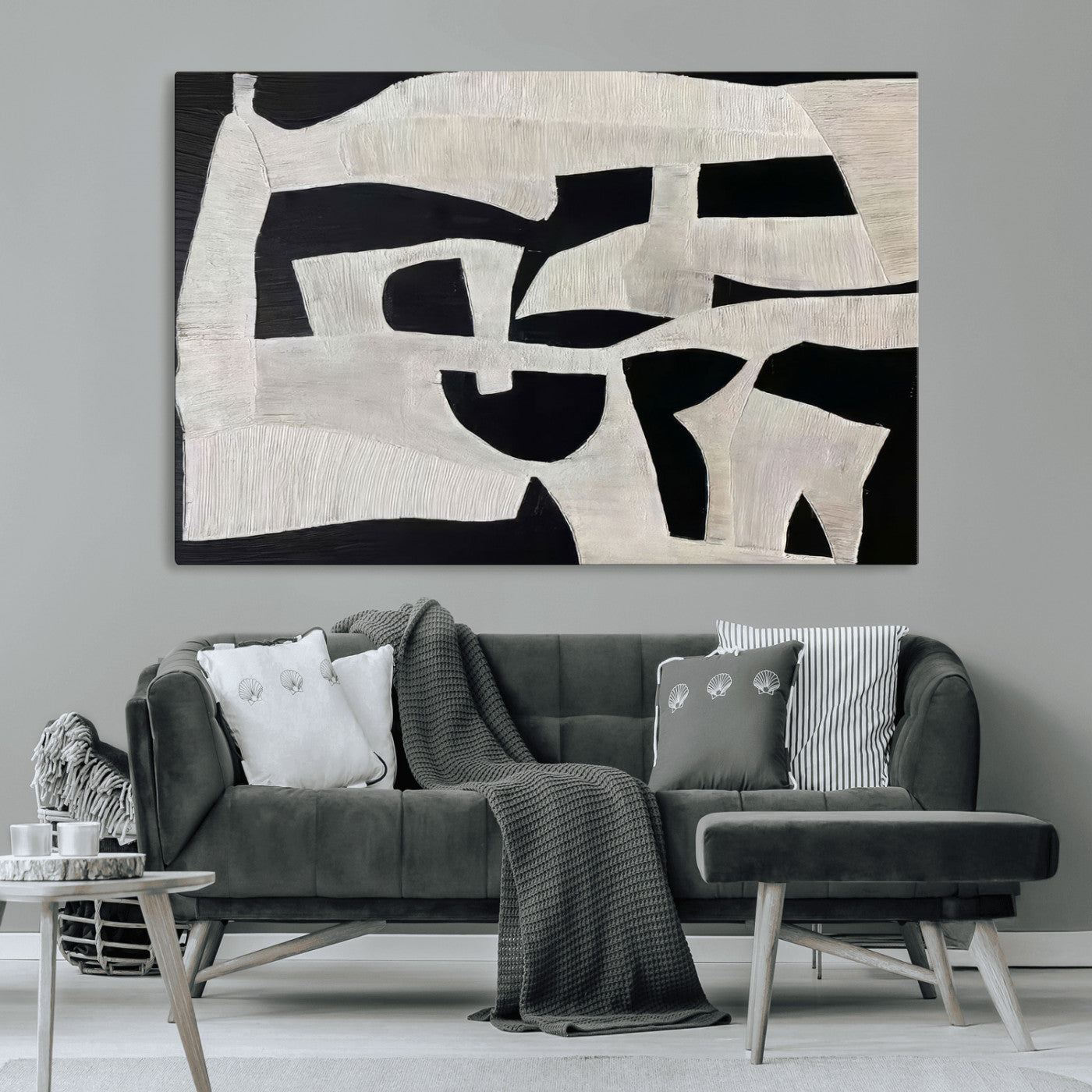 Minimalist black and white canvas featuring bold abstract textures and geometric shapes, ideal for modern neutral decor.
