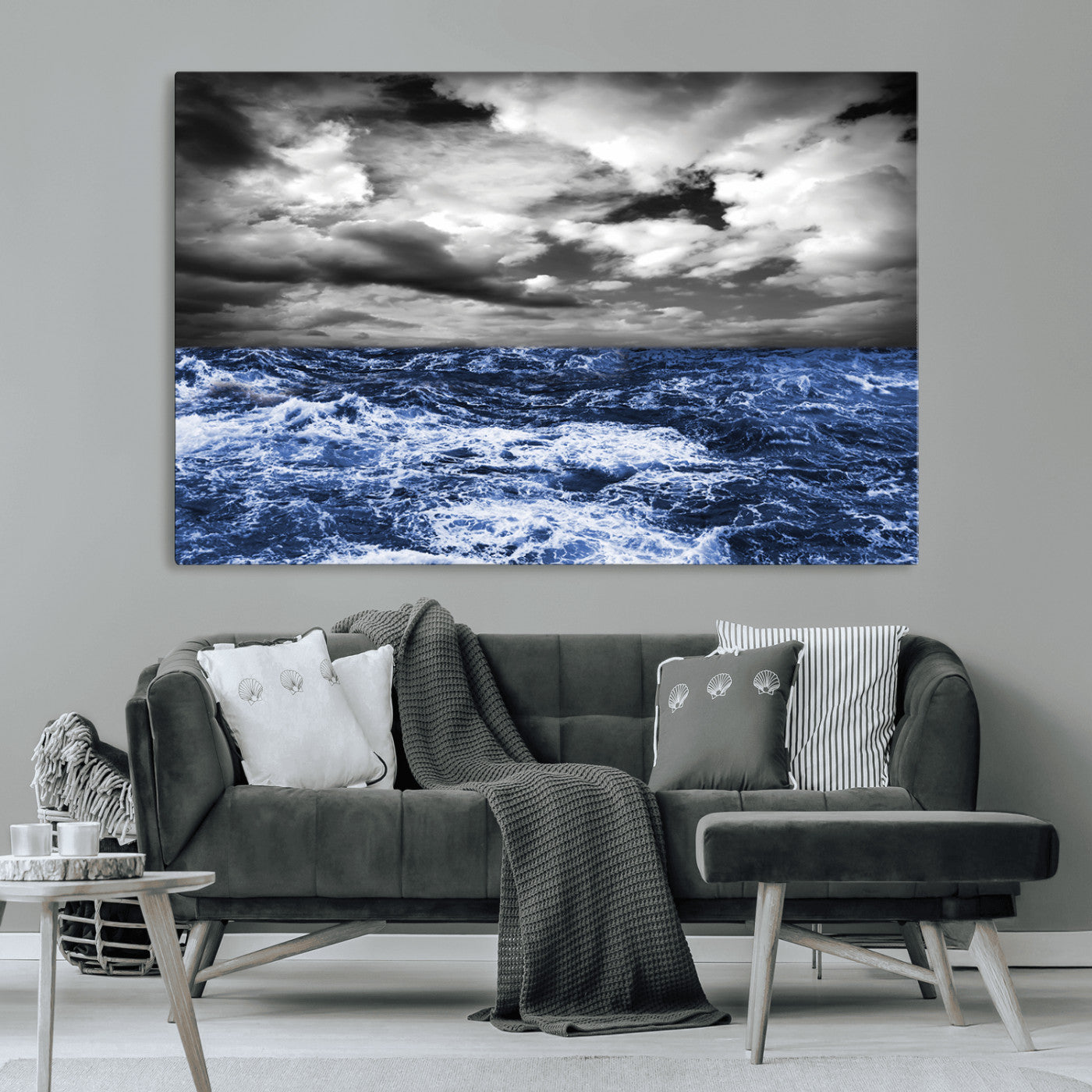 Moody canvas wall art of a stormy ocean under a dramatic black-and-white sky, perfect for bold or coastal-style interiors.