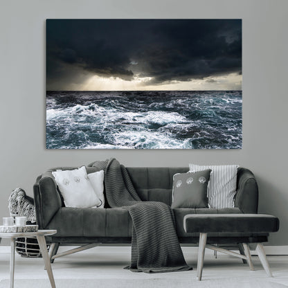 Moody ocean scene with stormy skies and crashing waves, perfect for dramatic or coastal-style home wall decor.