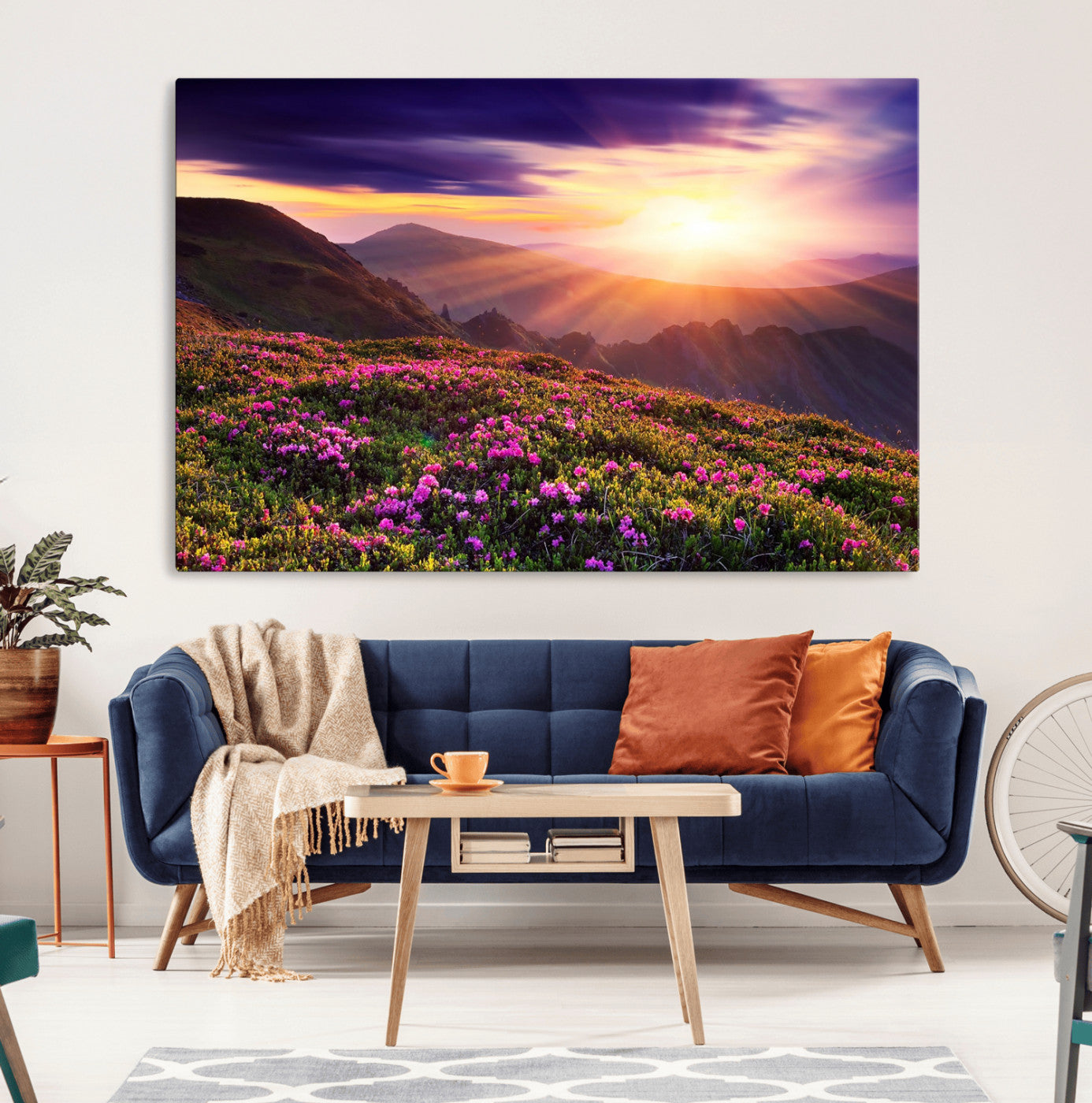-Mountain Sunrise Wall Art – Vibrant Floral Landscape Canvas Print, Nature Home Decor for Living Room, Bedroom Office or Cabin