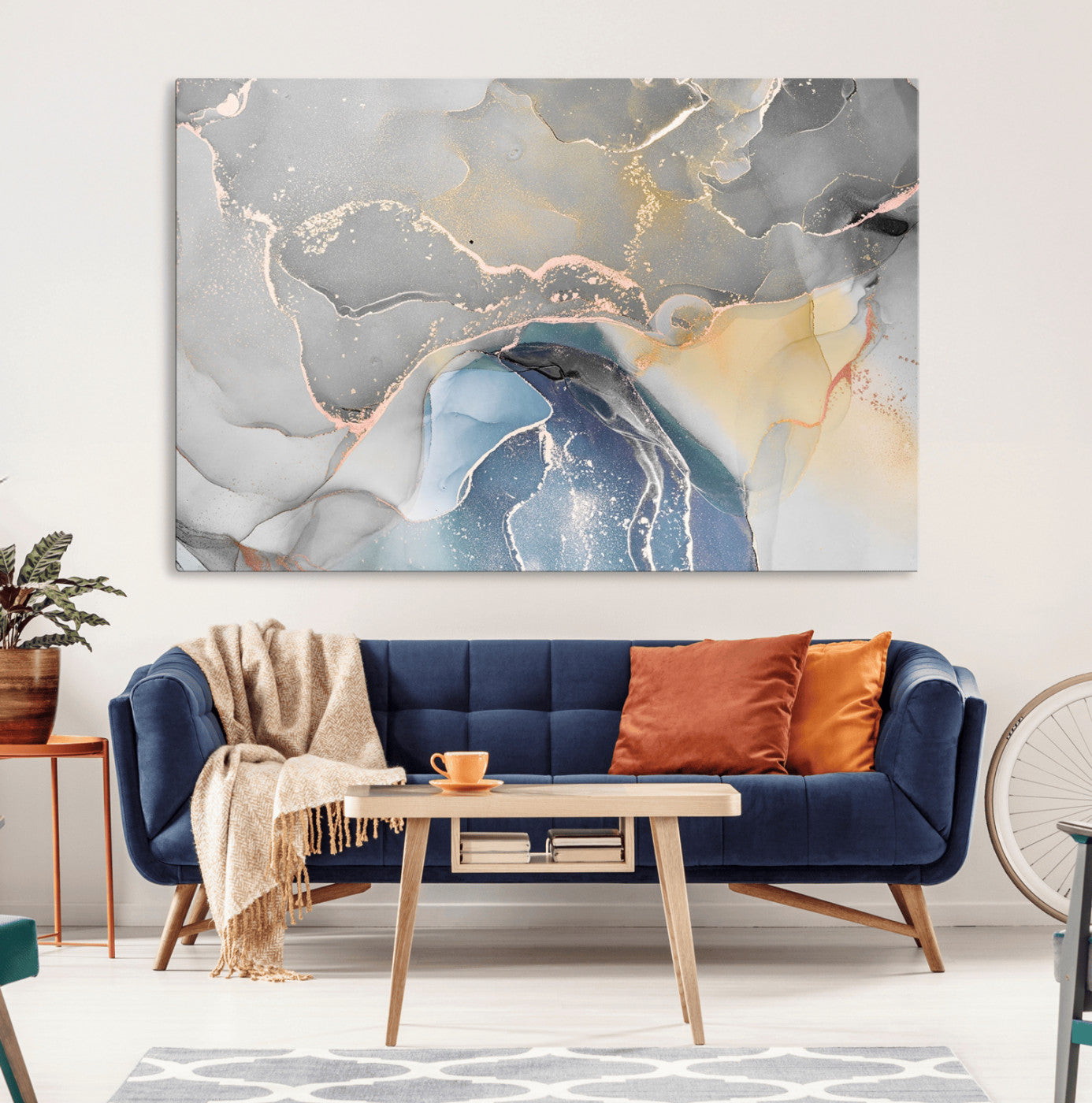 -Abstract Fluid Art Wall Decor – Blue, Gray & Gold Canvas Print, Modern Home and Office Wall Art Decor for Living Room, Bedroom or Workspace