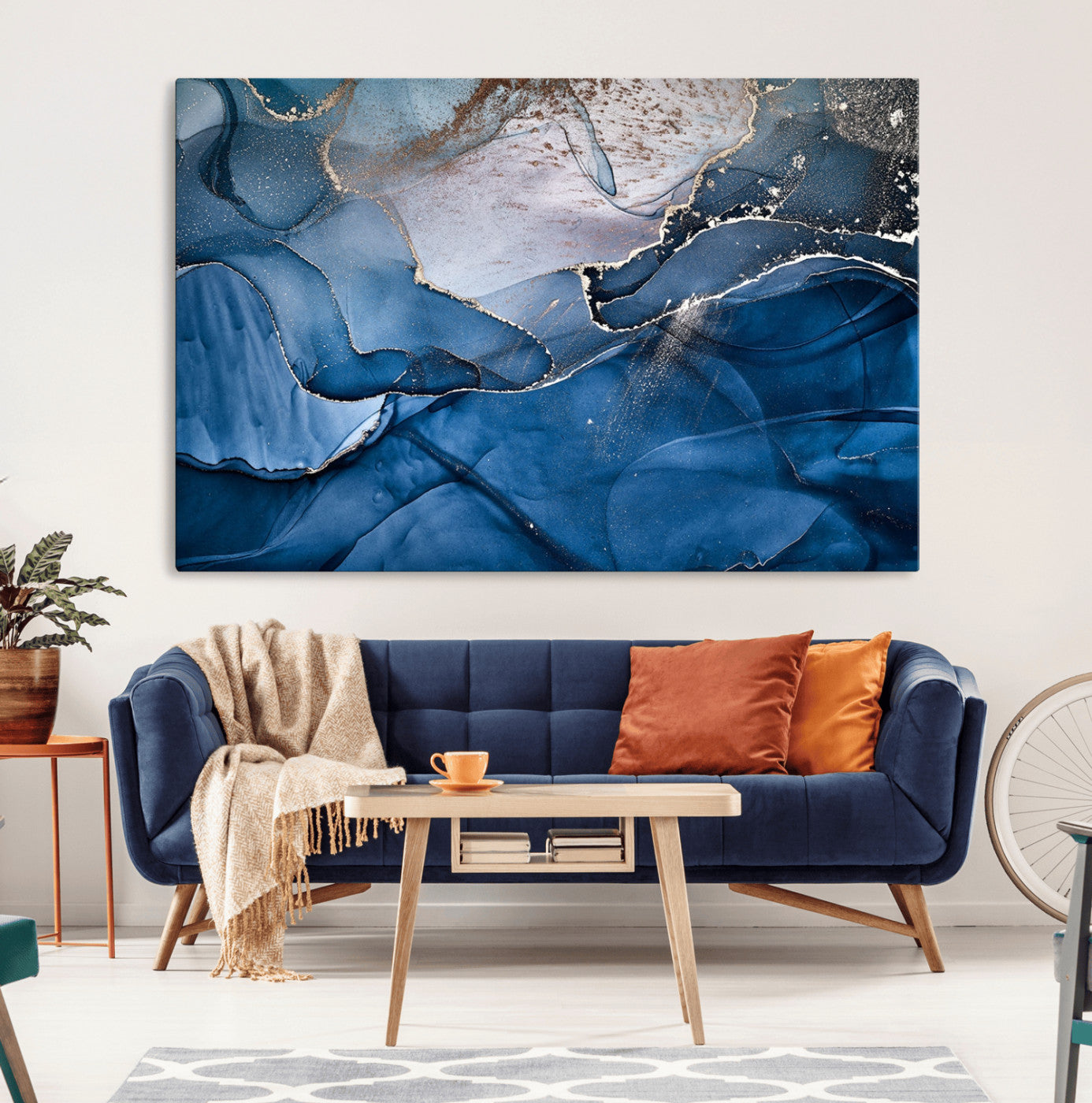 -Abstract Blue Gold Fluid Art Wall Decor – Modern Canvas Print, Elegant Home & Office Wall Art, Stylish Living Room or Bedroom Decoration