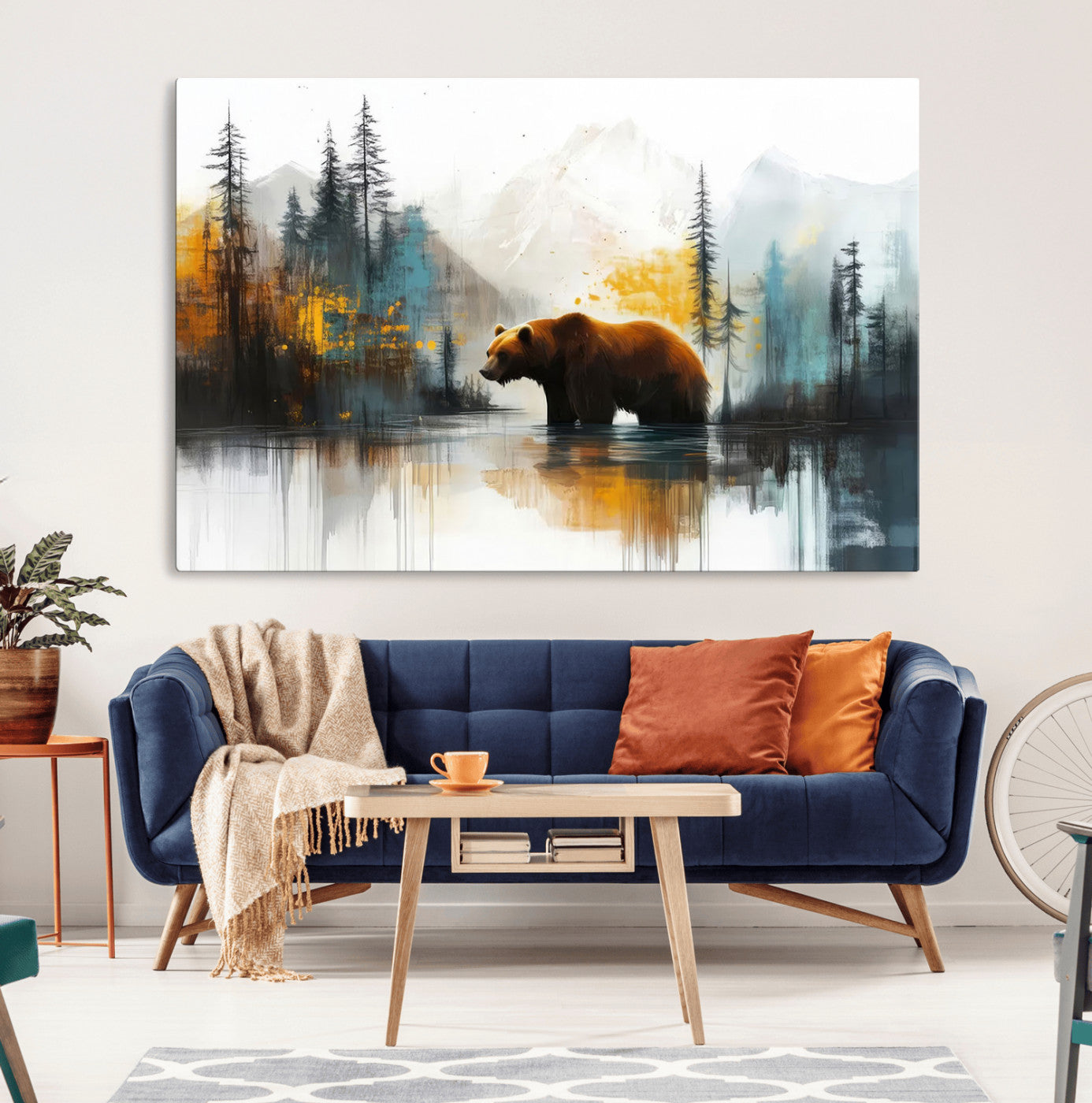 A majestic bear stands by the serene waters of a misty forest, surrounded by towering trees and distant mountains, evoking the raw beauty and wild spirit of nature.