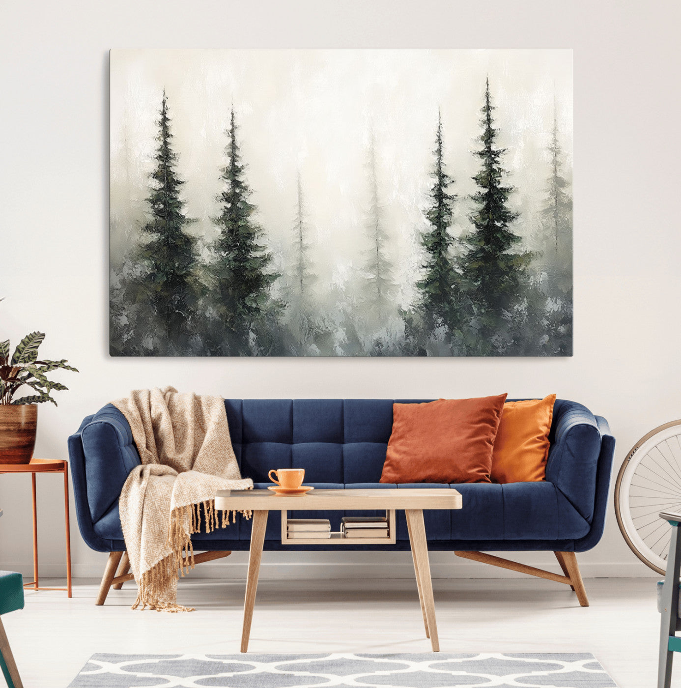Soft and misty pine forest painting in neutral earthy tones, ideal for calm woodland or minimalist rustic home decor.