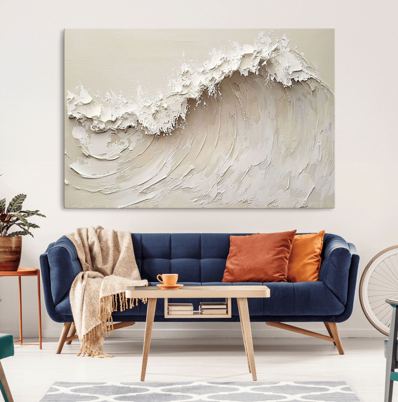 Textured canvas of an abstract white ocean wave in neutral tones, ideal for modern coastal or minimalist home decor.