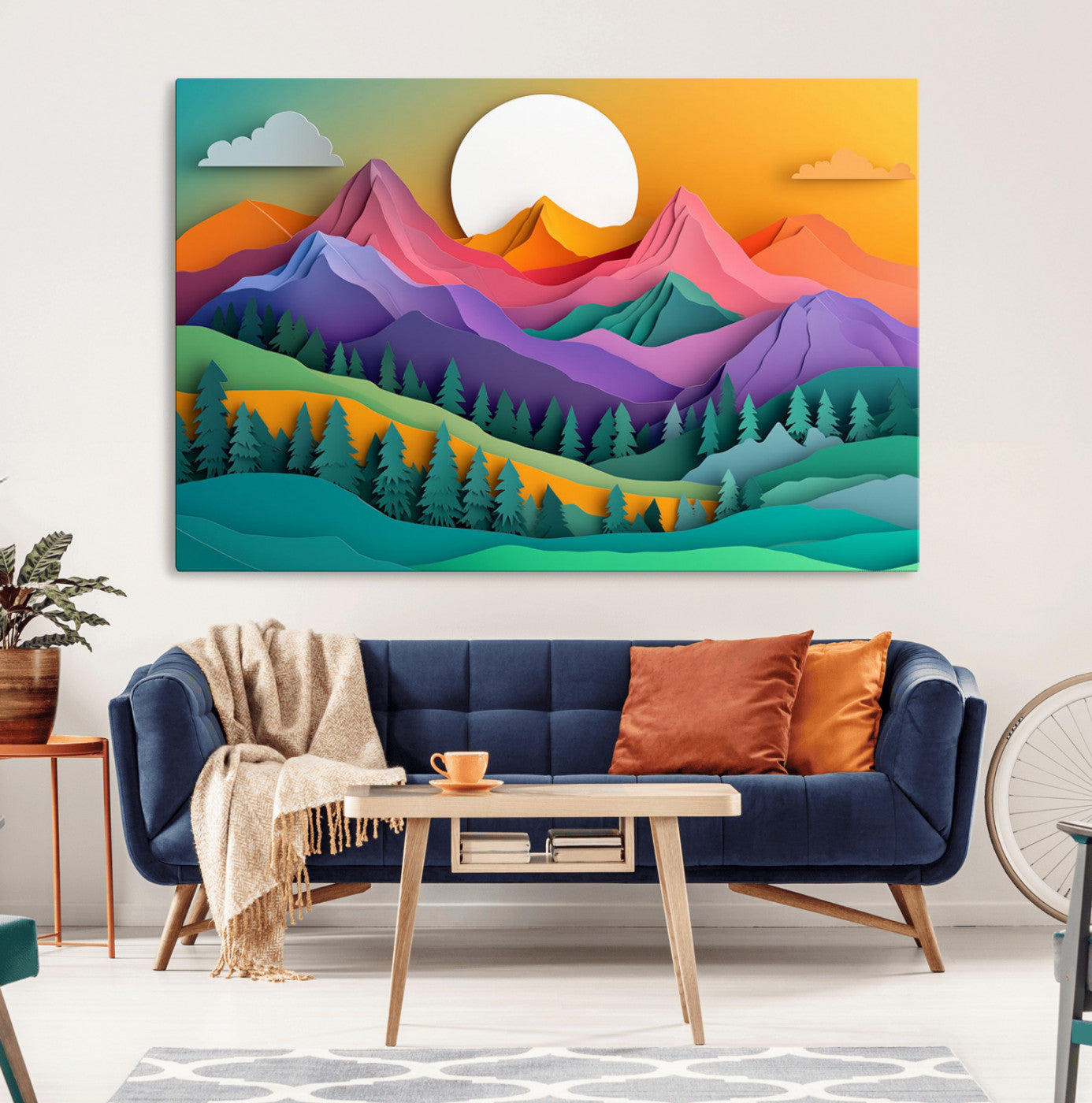 Canvas of colorful layered mountains and pine trees in abstract paper cut style, ideal for vibrant modern or whimsical home decor.