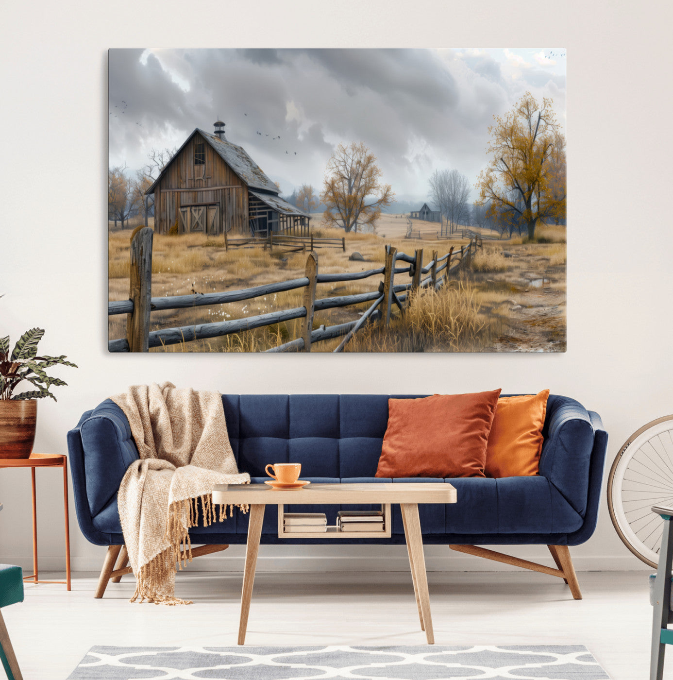 A tranquil rural scene featuring a rustic barn, overcast skies, and golden fields with scattered trees, evoking a sense of peaceful solitude in nature.
