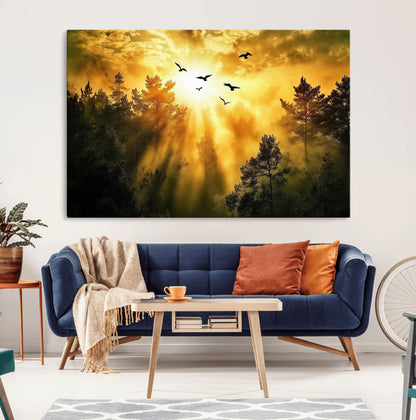 Canvas of a golden forest at sunset with birds flying through glowing sunbeams and silhouetted pine trees, ideal for warm-toned rustic decor.