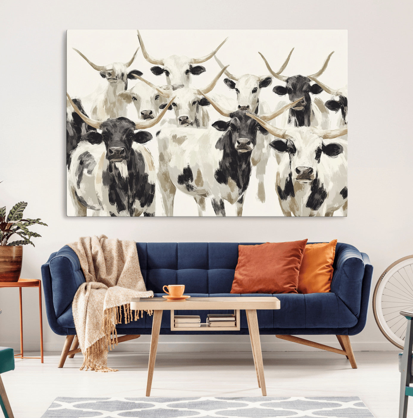 Canvas of a Texas Longhorn cattle herd in neutral black and white tones, ideal for rustic farmhouse or western-themed decor.