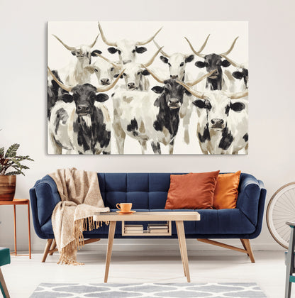 Canvas of a Texas Longhorn cattle herd in neutral black and white tones, ideal for rustic farmhouse or western-themed decor.