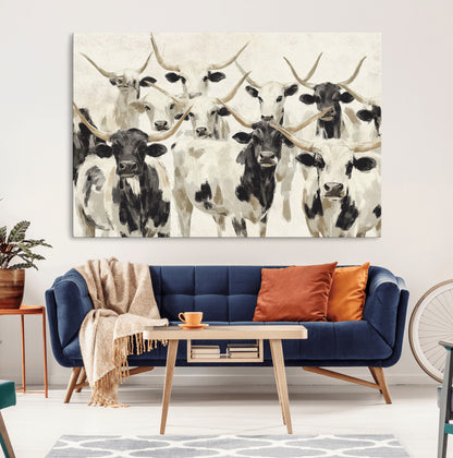 Canvas of a Texas Longhorn cattle herd in neutral black and white tones, ideal for rustic farmhouse or western-themed decor.