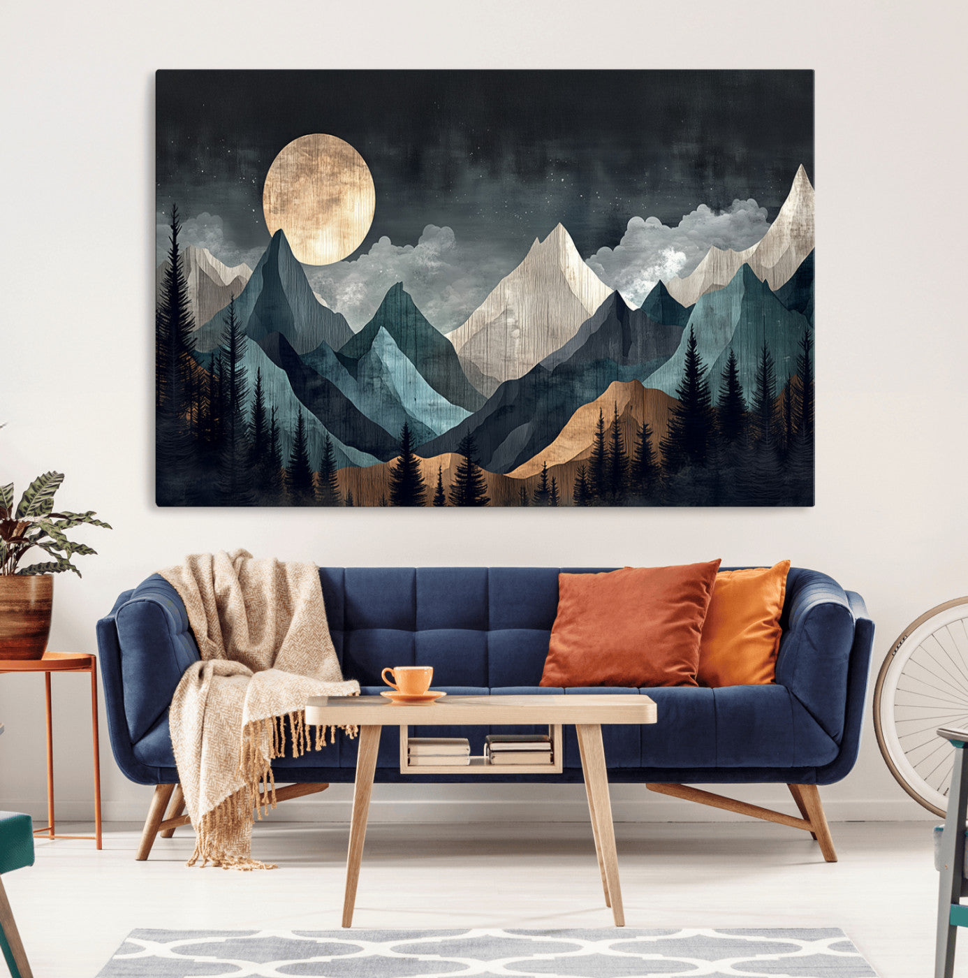 Stylized canvas of layered mountains under a full moon in neutral moody tones, ideal for nature-inspired or modern rustic interiors.