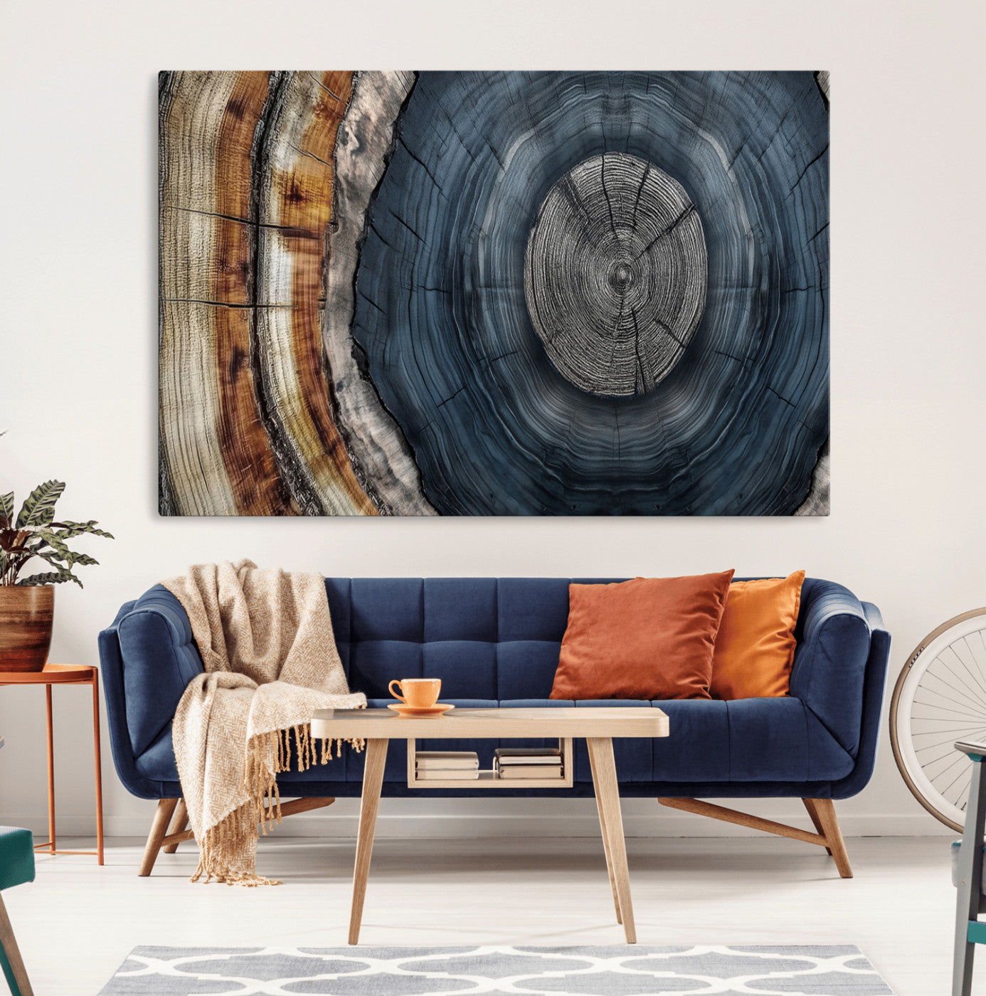 A stunning close-up of a tree trunk showing the intricate, circular growth rings, showcasing the natural textures and rich contrasts in deep blues, browns, and silvers.