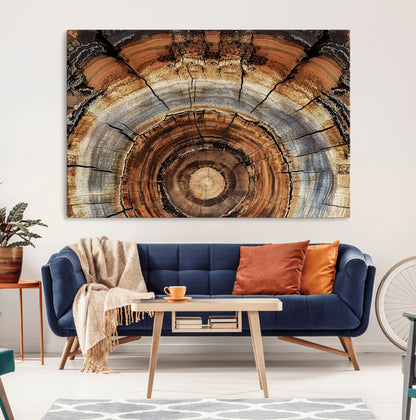 Canvas of tree rings and natural wood grain in earthy tones, ideal for rustic or vintage-inspired home decor with organic textures.