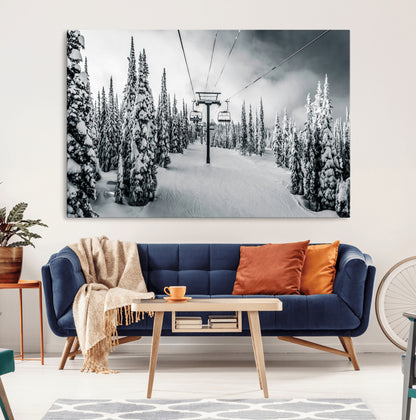 Canvas of a snowy ski lift scene through a forest of tall pine trees, ideal for moody winter or alpine-themed home decor.