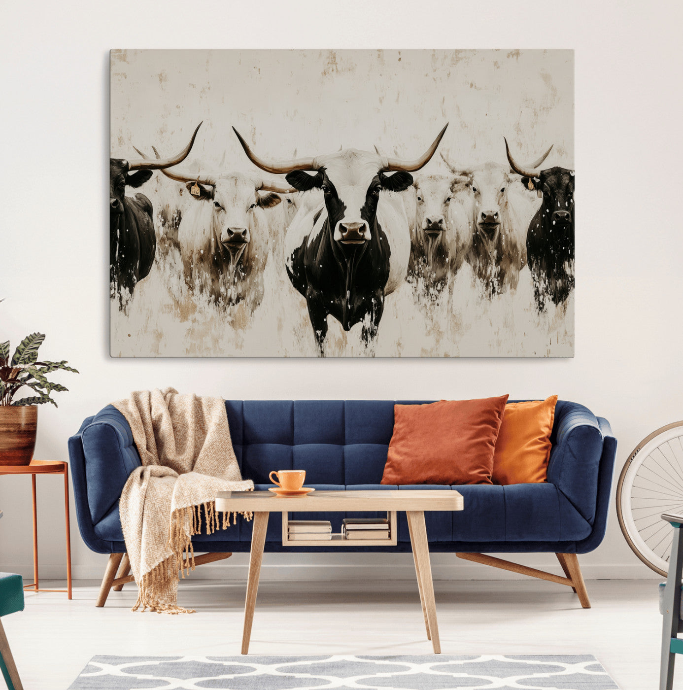 Illustrated herd of longhorn cattle in black and white tones with a neutral textured background, perfect for rustic or farmhouse-style decor.