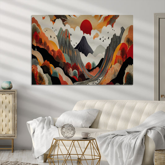 Abstract Mountain Wall Art Canvas Print, Vibrant Landscape Print, Framed Stylized Nature Drawing Art Print, Large Sunset Mountains Printing Perfect for Contemporary Minimalist Decor
