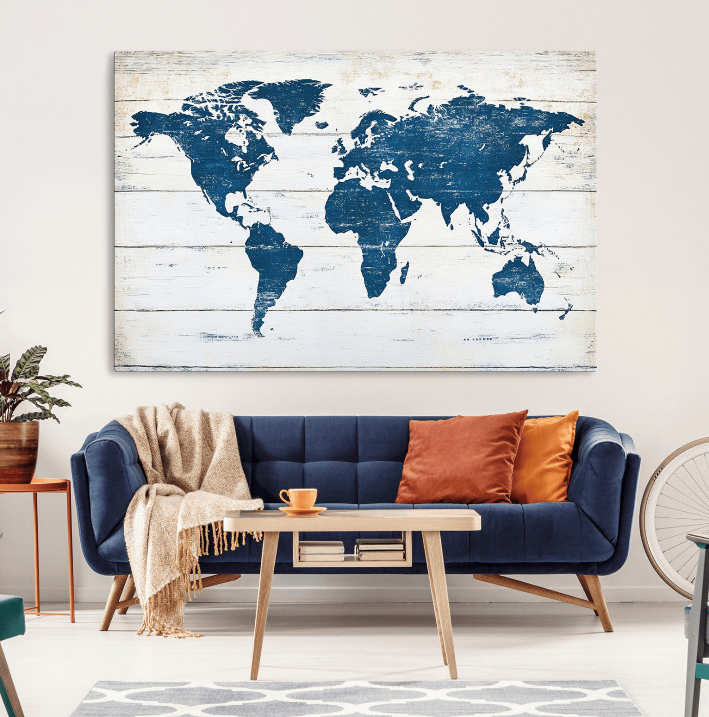 Rustic world map with blue continents on distressed wooden planks, perfect for coastal, explorer, or vintage-style wall decor.