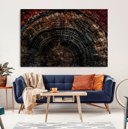 Dark Wood Wall Art Print - Petrified Tree Canvas Print, featuring an intricate tree ring pattern with deep earthy tones and organic textures, perfect for rustic and nature-inspired decor.