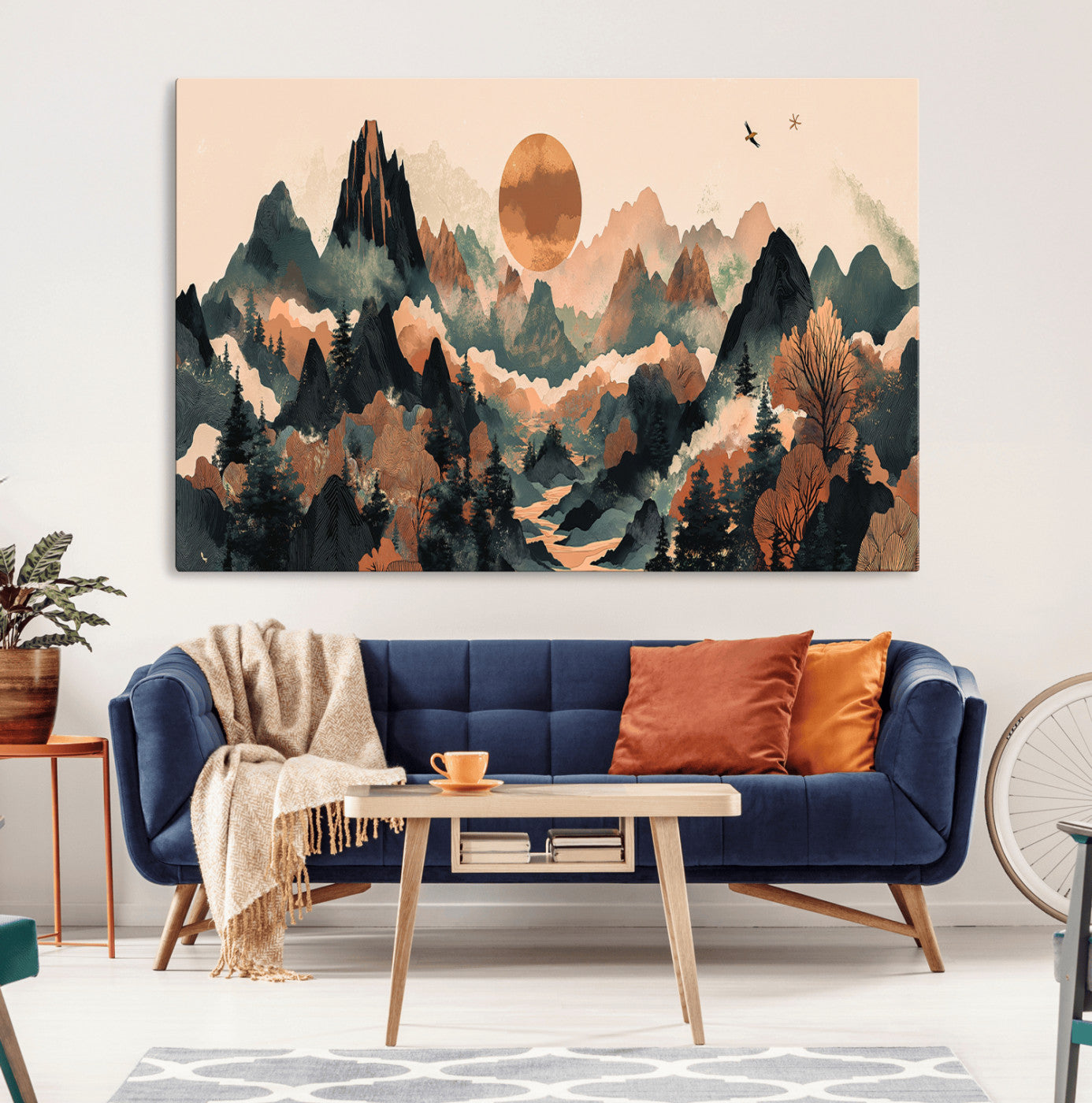 Mountain Landscape Wall Art Print - Sunset Hills Canvas Print, featuring an abstract nature scene with earthy tones and misty peaks, perfect for boho and modern decor.