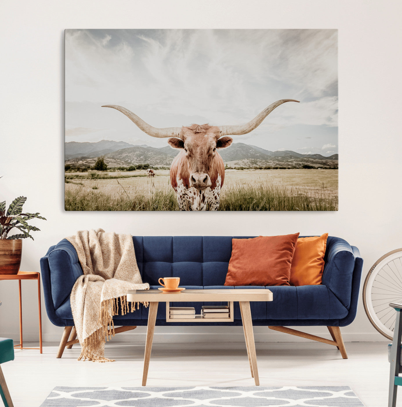 Longhorn Wall Art Print - Western Cow Canvas Print, featuring a majestic Texas longhorn in a rustic prairie setting, perfect for farmhouse and western decor.