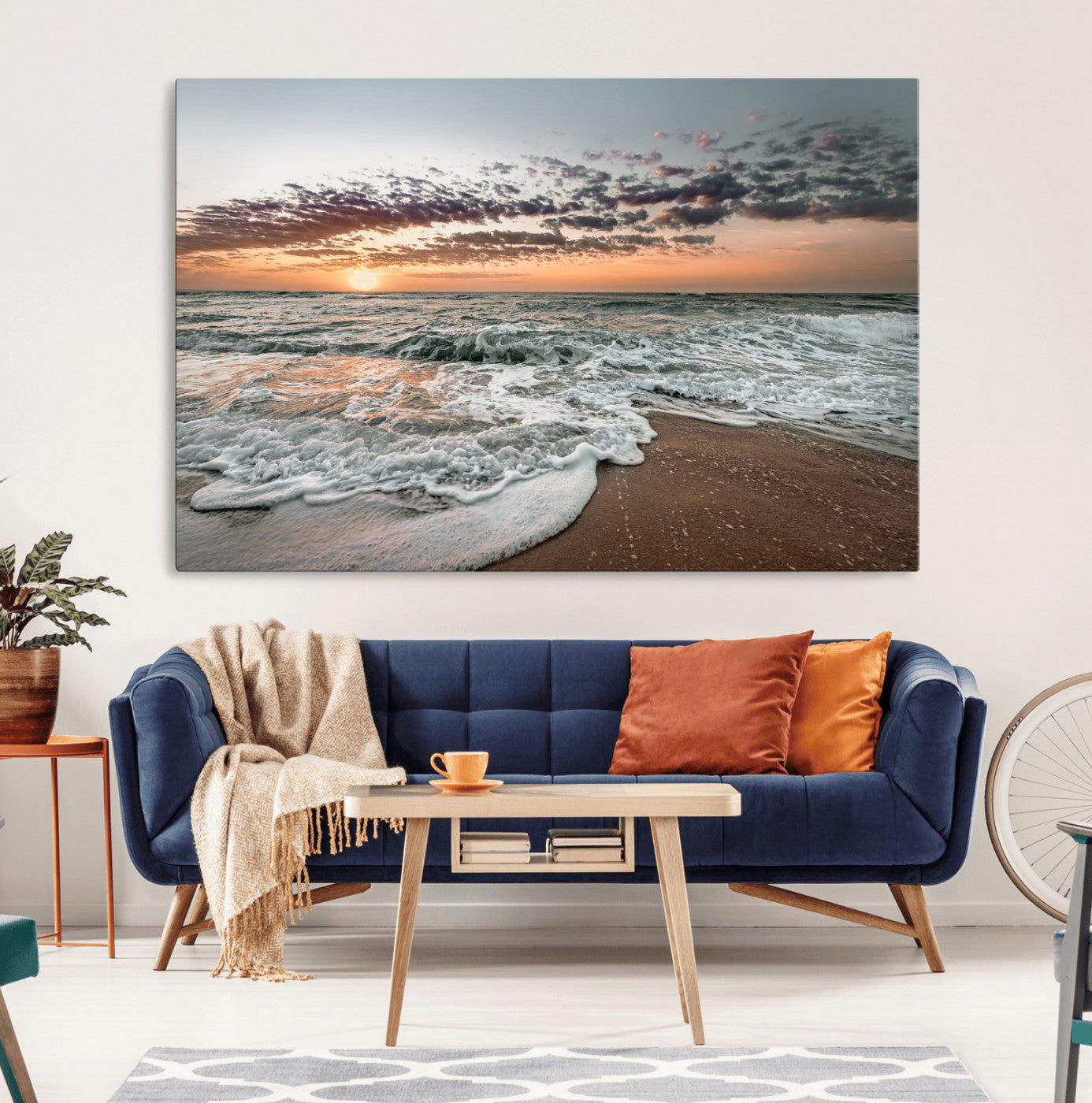 Ocean Sunset Wall Art Print - Beach Waves Canvas Print, featuring a serene seascape with golden sunlight reflecting on gentle waves, perfect for coastal and minimalist decor.
