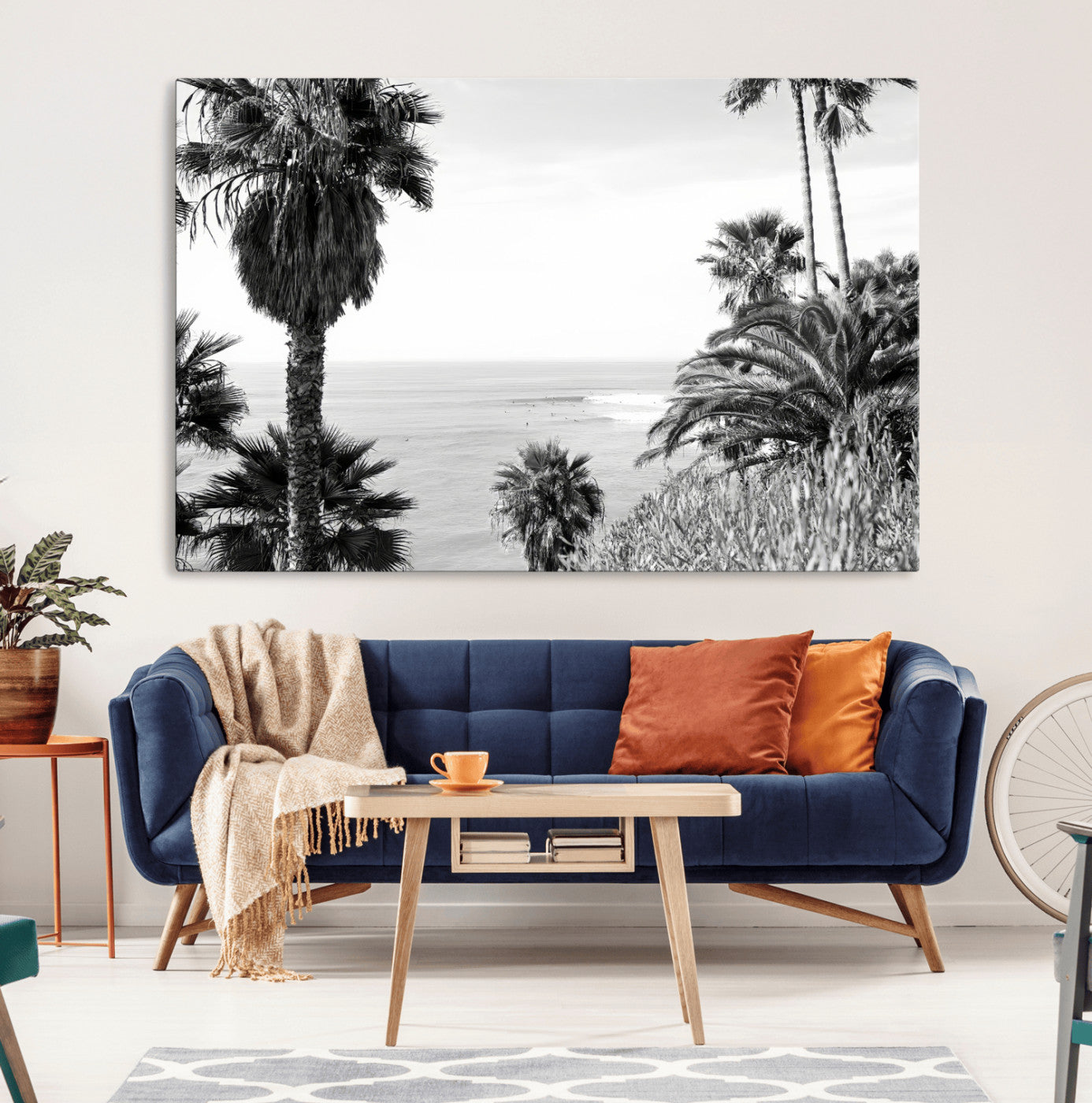 Monochrome canvas of palm trees framing a coastal surf scene, perfect for California-inspired or retro black-and-white beach decor.