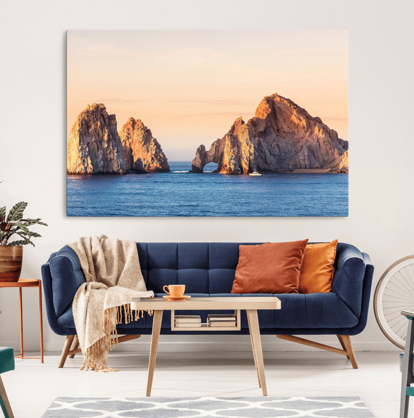 Framed canvas of El Arco rock formation in Cabo San Lucas at golden hour, ideal for coastal landmark or ocean-inspired decor.
