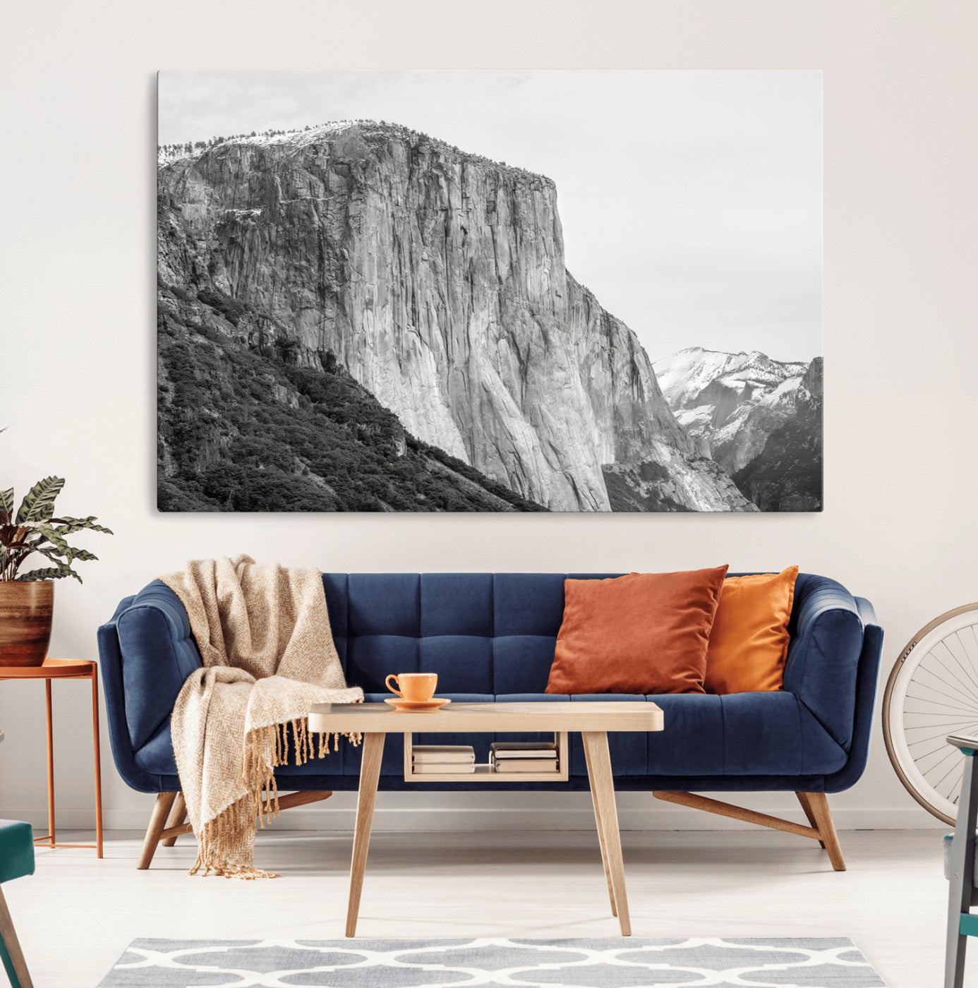 Monochrome canvas of El Capitan’s granite wall in Yosemite with snowy peaks, ideal for dramatic mountain or black-and-white nature decor.