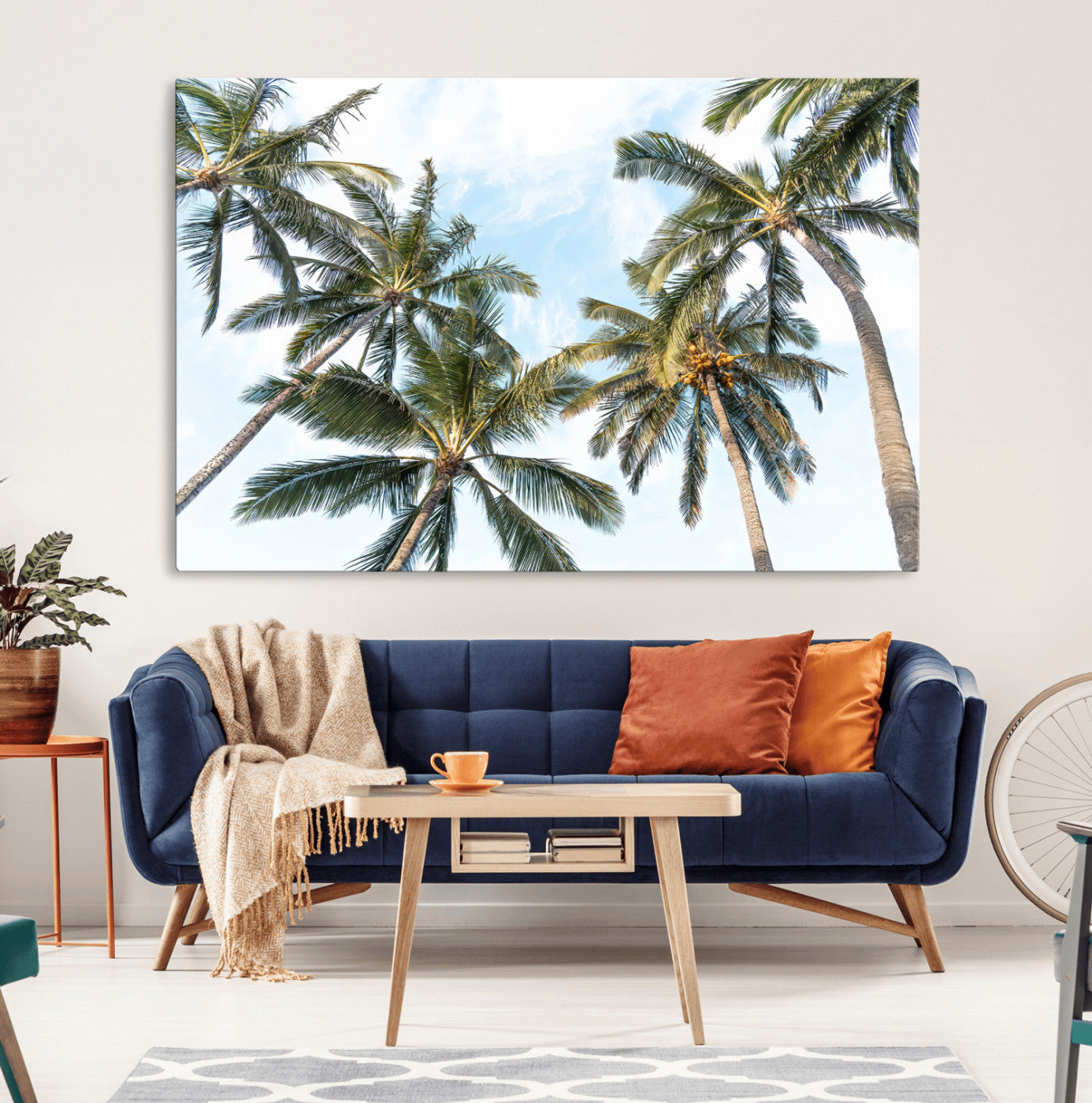 Framed canvas of tall palm trees reaching into a tropical sky, ideal for beach home or relaxed island-inspired wall decor.