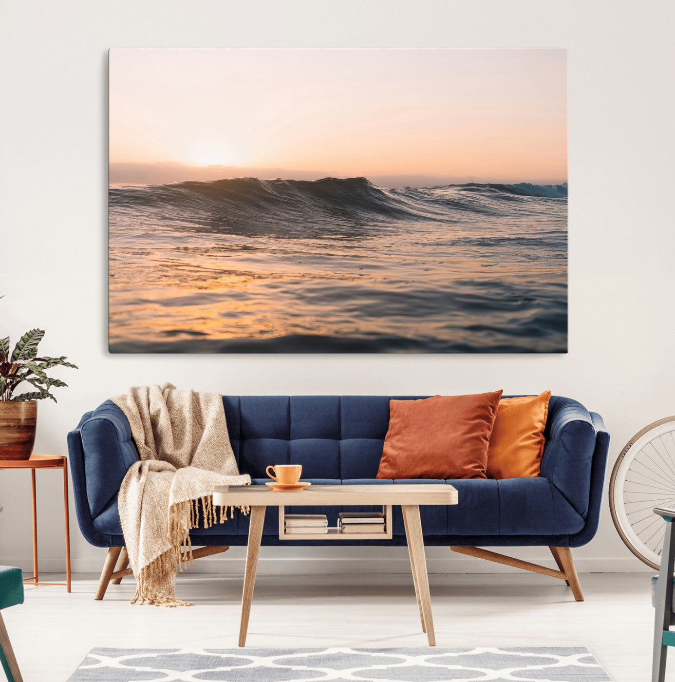 Framed canvas of ocean waves glowing in sunset light, ideal for golden hour calm or peaceful coastal-inspired wall decor.