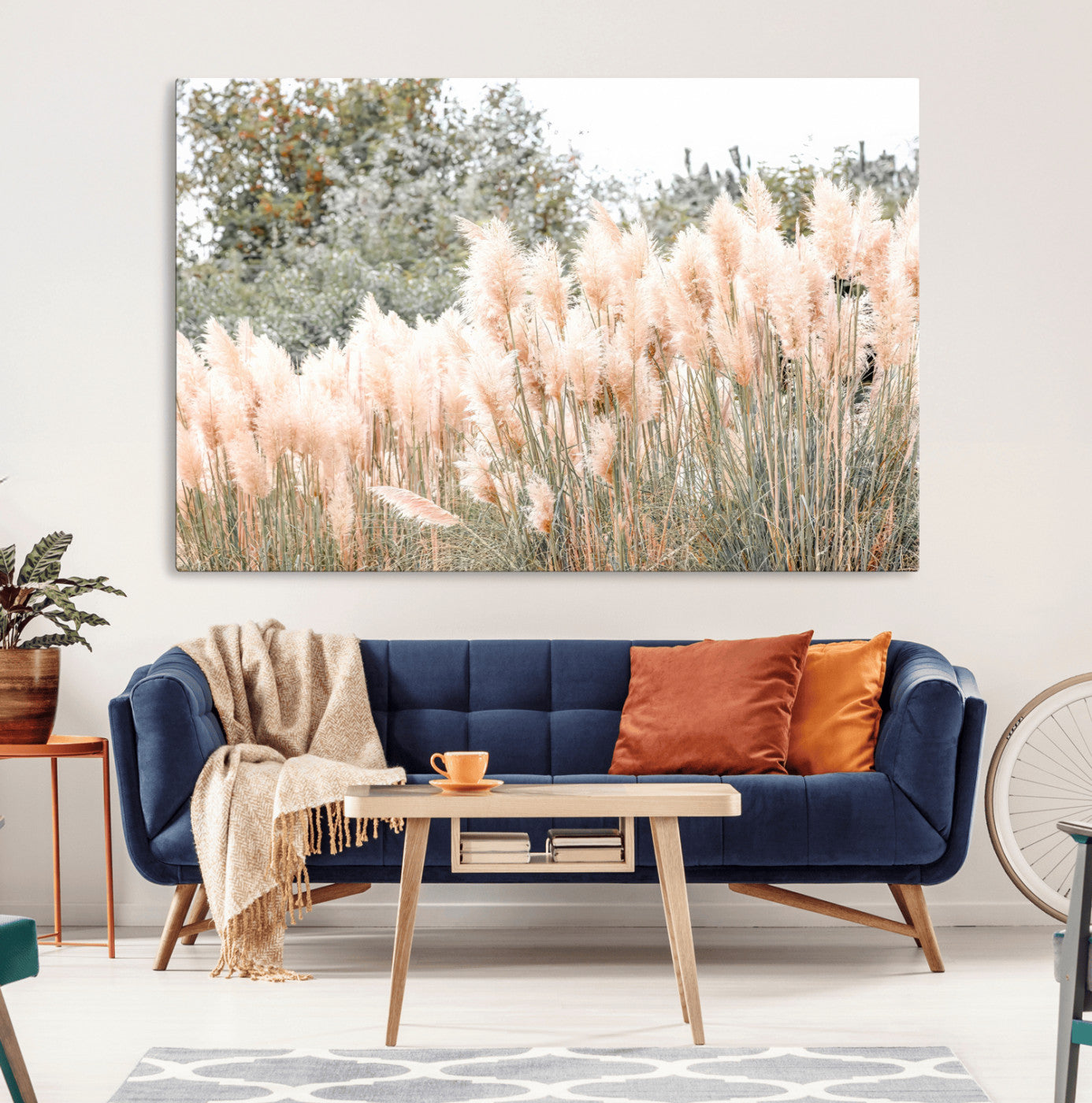 Soft pastel pampas grasses in a natural setting, ideal for neutral boho or rustic botanical-style interior wall decoration.