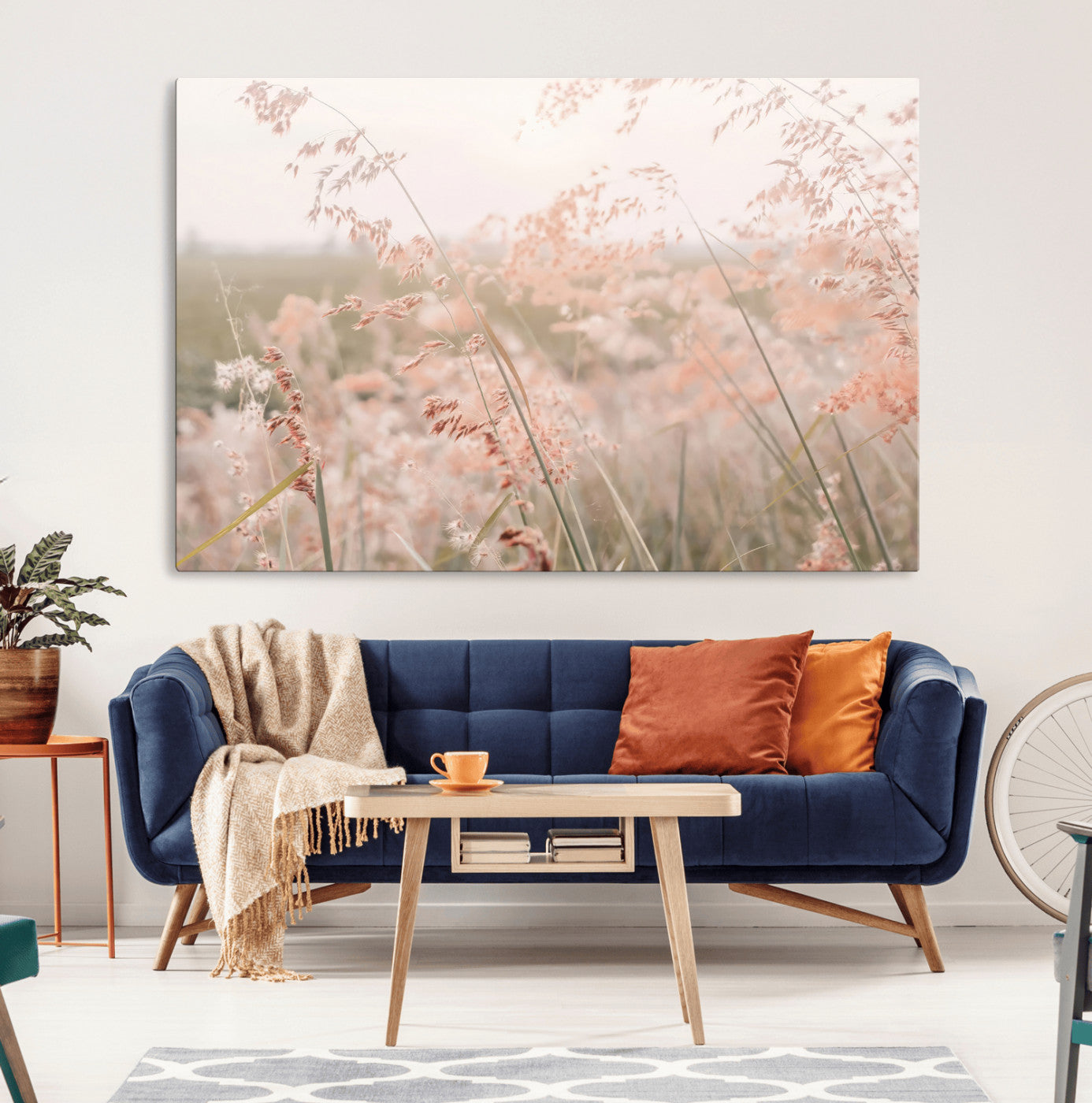 Soft pastel field with wild grasses in warm light, ideal for minimal nature or airy countryside-inspired interior wall decoration.