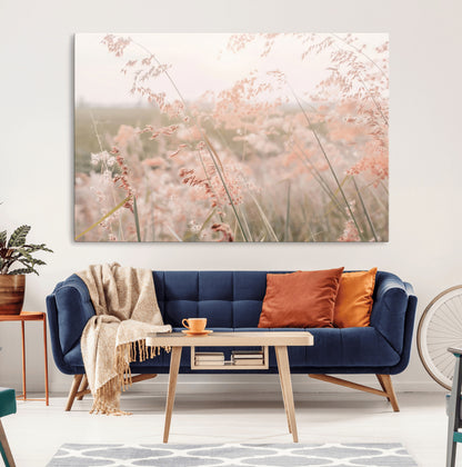 Soft pastel field with wild grasses in warm light, ideal for minimal nature or airy countryside-inspired interior wall decoration.