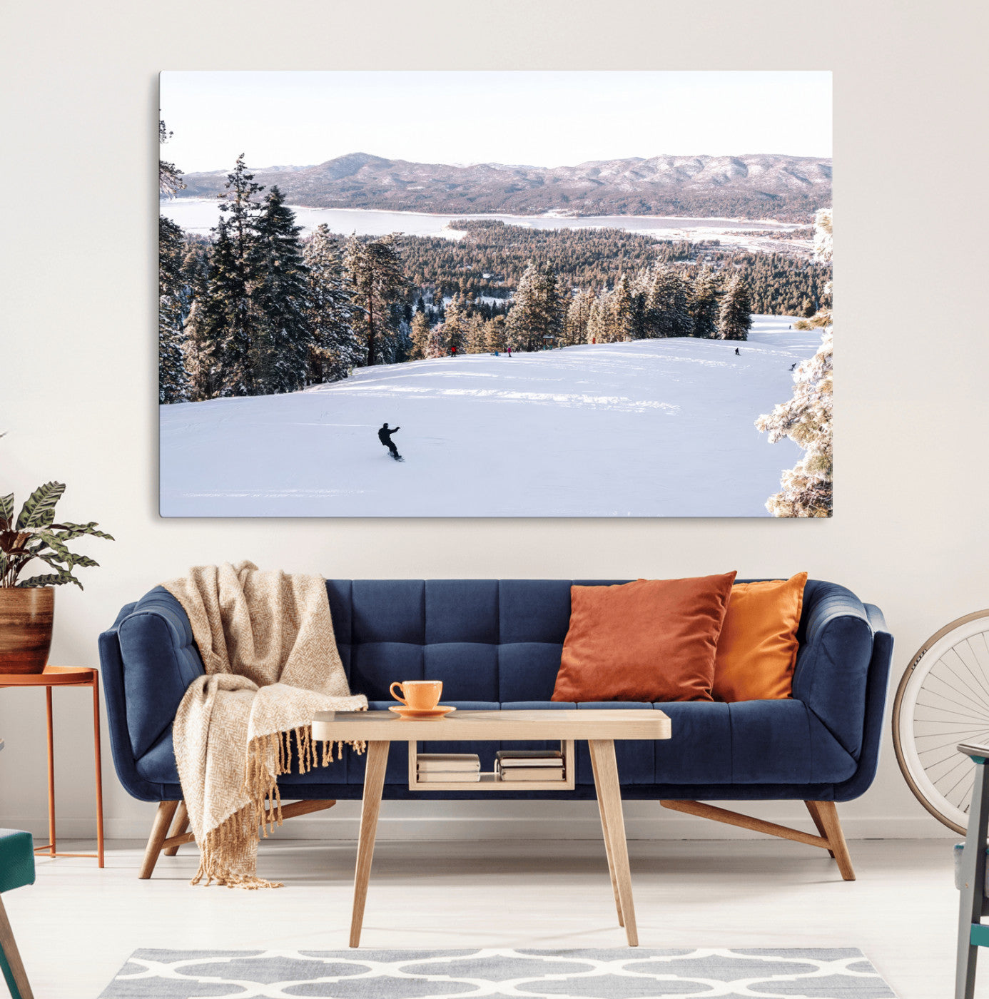 Canvas of a snowy mountain ski slope with pine trees and bright winter light, ideal for modern rustic or alpine-inspired home decor.