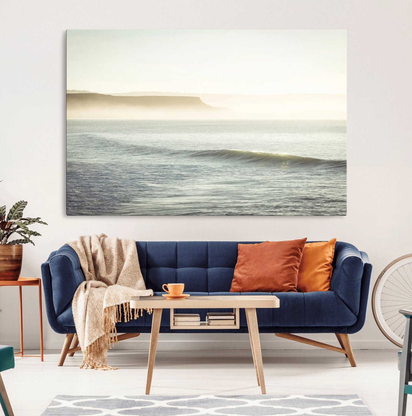Canvas of a misty ocean scene with coastal cliffs and soft neutral tones, ideal for Scandinavian coastal or minimalist nature-inspired home decor.