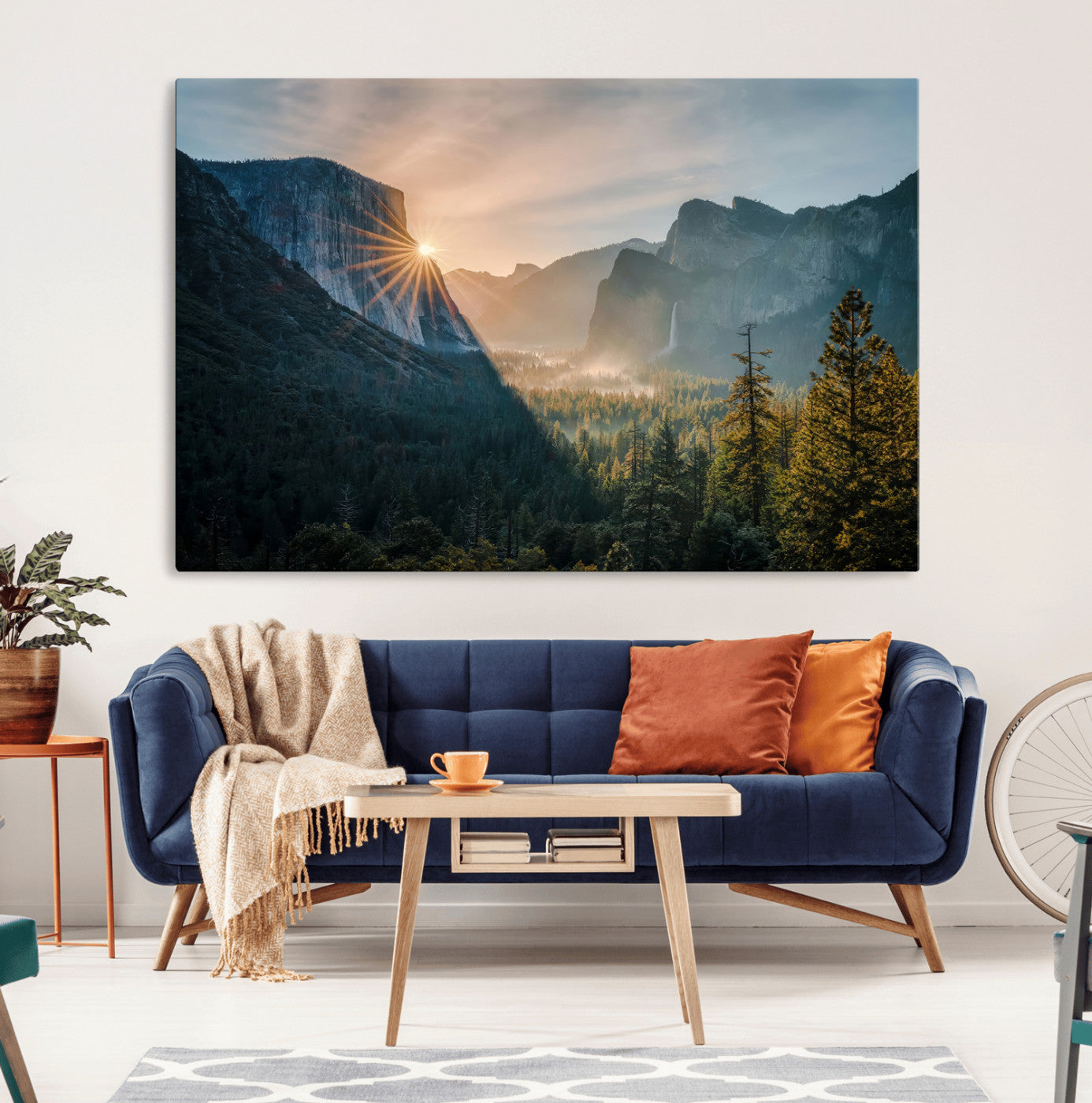 Canvas of Yosemite Valley at sunrise with dramatic rays and earthy tones, perfect for vintage explorer or wilderness-themed home decor.