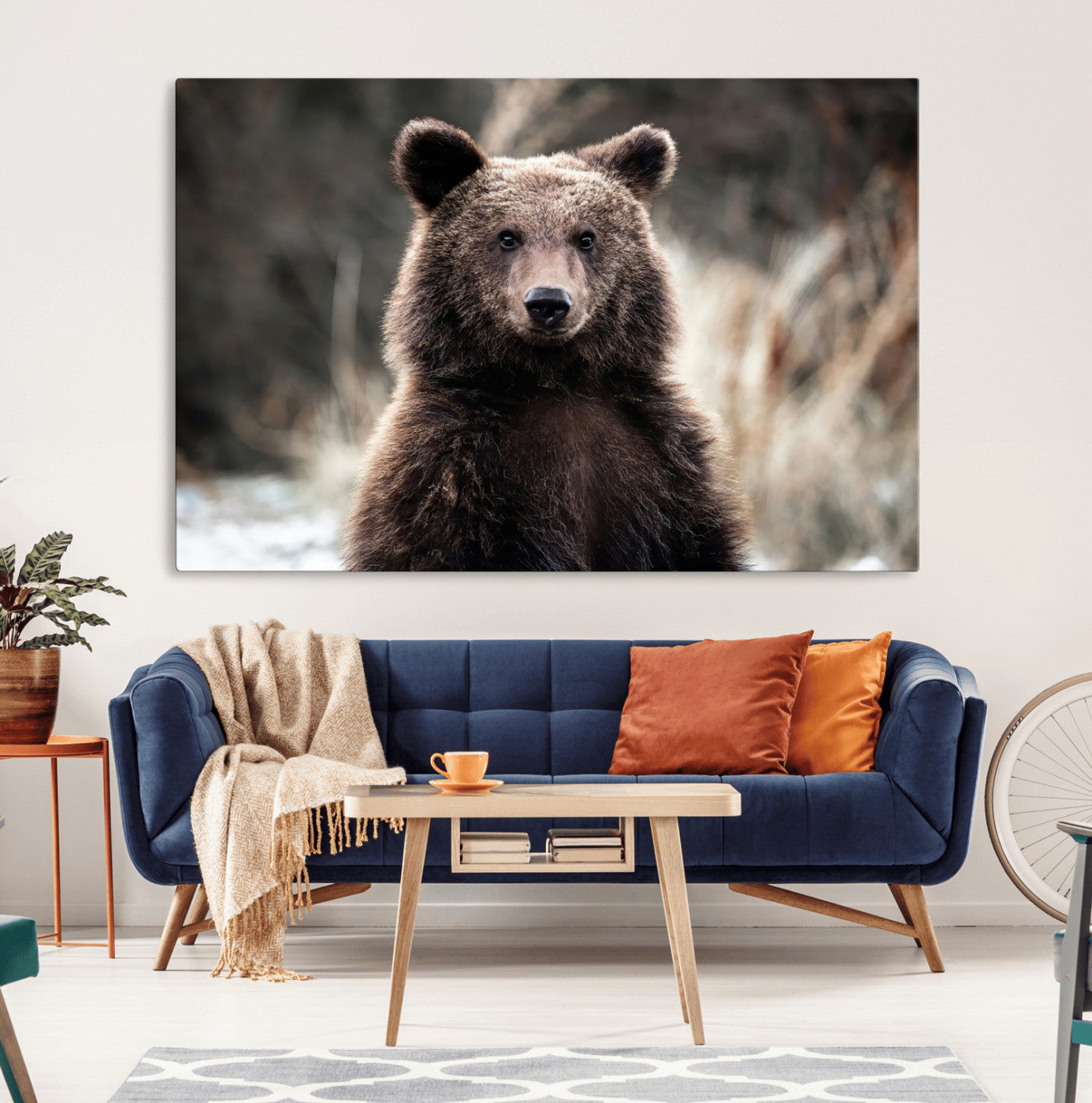 Canvas of a brown bear in soft earthy tones and moody forest light, ideal for rustic cabin or woodland nature-themed home decor.