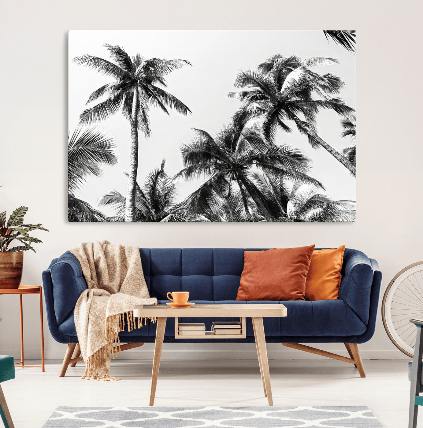 Black and white canvas of tall palm trees in moody tones, perfect for modern tropical minimalist or coastal-style home decor.