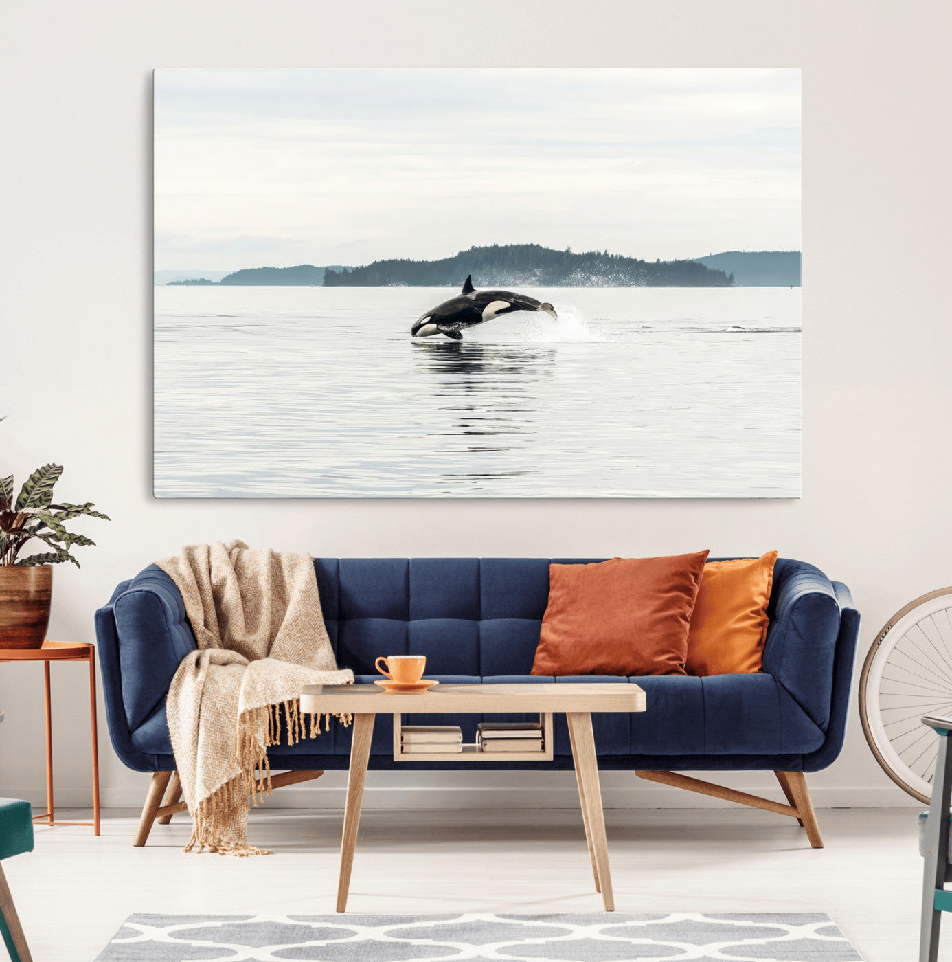 An orca jumping out of calm ocean waters with a misty island in the background, creating a serene and minimalist marine wildlife scene.