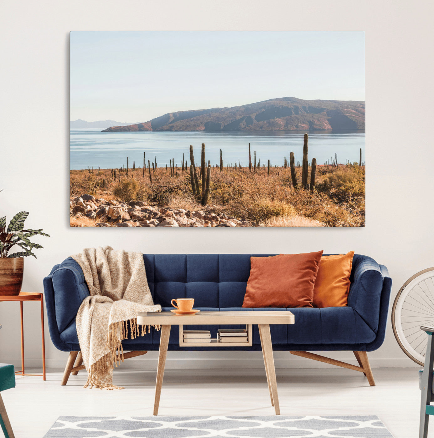 Warm desert landscape with cacti and coastal mountains, perfect for southwestern or earthy calm-themed home wall decor.