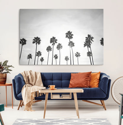 A black and white minimalist scene featuring tall palm trees silhouetted against a bright sky, creating a dreamy and timeless tropical aesthetic.