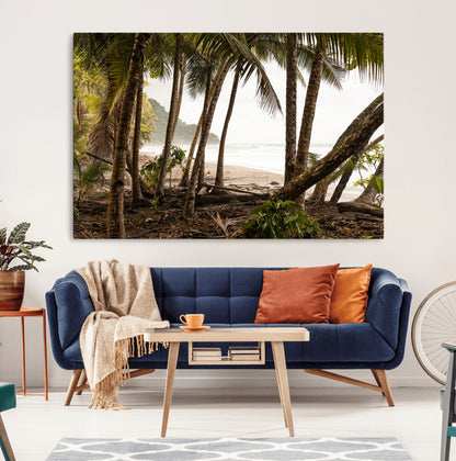 Dense tropical palm trees framing a sandy beach and ocean shore, ideal for jungle or coastal themed interior wall decor.