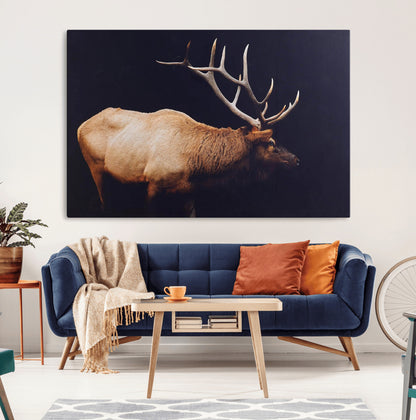 Side view of a majestic elk with large antlers against dark background, perfect for rustic lodge or cabin style home decoration.