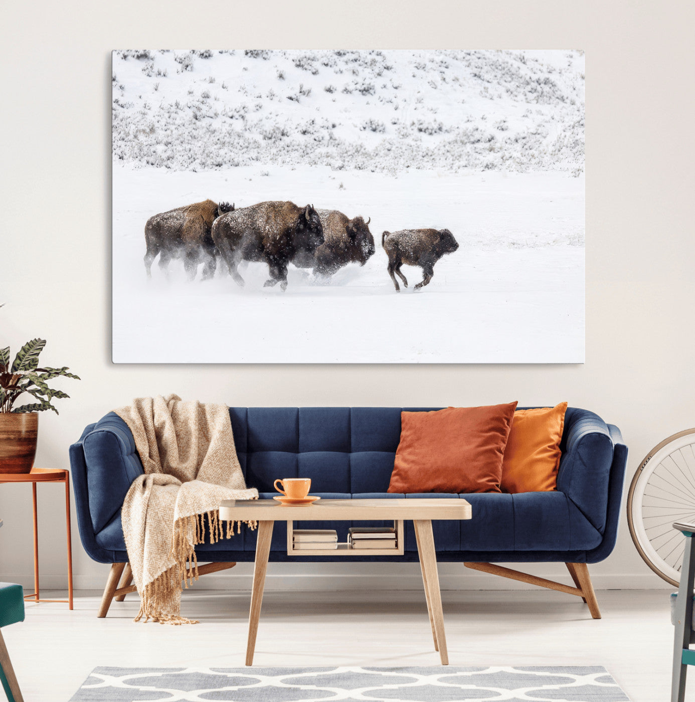 Bison herd running through a snowy open field with mountain backdrop, perfect for rustic or western-themed wall decoration.