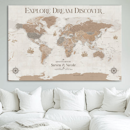 95738134-MGV-CV-36X24-Custom Push Pin World Map Wall Canvas Print – Personalized Travel Tracker with Pins – Framed Large Multi-Size Canvas for Home Office Decor