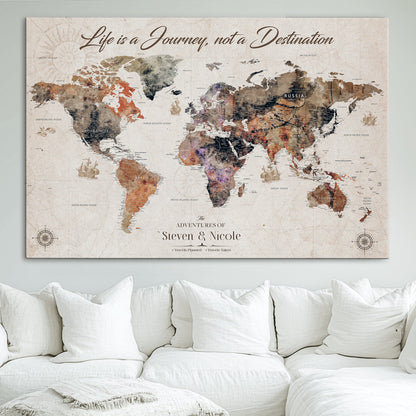 96000140-MGV-CV-36X24-Custom Push Pin World Map Wall Canvas Print – Personalized Travel Tracker with Pins – Framed Large Multi-Size Canvas for Home Office Decor