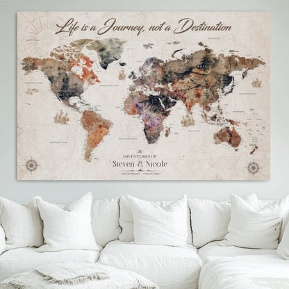 96000140-MGV-CV-36X24-Canvas Travel Map with Pins – Framed Wall Art to Track Countries and Cities, Beautiful World Map in Rustic Old Style for Decoration - H14